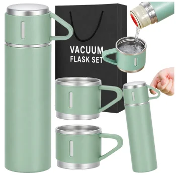 Plieninis termosas 400 ml su 3 puodeliais kavai ir arbatai, kelioninis, žalias