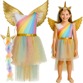 Kruzzel Unicorn Costume for Girls, 3 Pieces, 130-140 cm, Multicolor