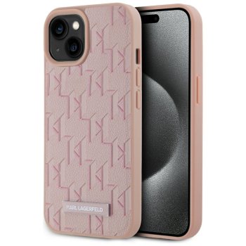Karl Lagerfeld Leather Monogram Metal Logo MagSafe Case for iPhone 15, Pink