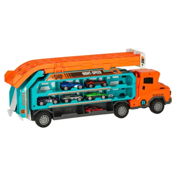 Car Carrier Truck with Racing Track and 6 Cars, Orange