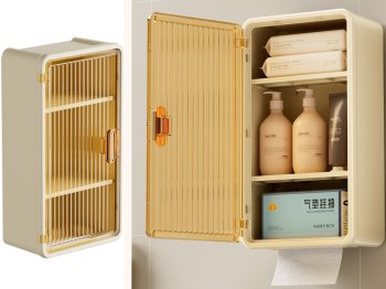 Wall-Mounted Bathroom Shelf with Door and Tissue Dispenser, Beige