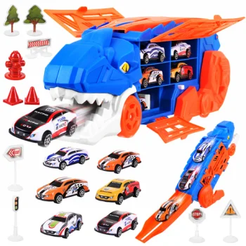 Dinosaur T-Rex Truck Car Transporter with Race Track, Launcher and 6 Cars