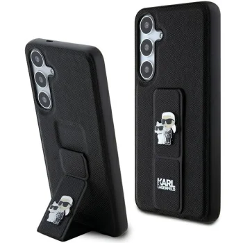 Samsung Galaxy S24 (SM-S921) Karl Lagerfeld Gripstand Saffiano Karl & Choupette Pins Cover Case, Black
