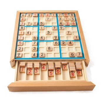 Wooden Sudoku Board Puzzle Set with Drawer Math Brain Teaser, Blue