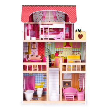 ECOTOYS Wooden Dollhouse 3-Story Mansion with 14 Furniture Pieces