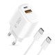 Tech-Protect NCA30 PD 30W QC3.0 USB-A / USB-C Wall Charger + USB-C / USB-C Cable 100cm - White