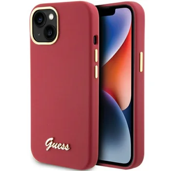Guess iPhone 15 Case Silicone Script Metal Logo & Frame, Red