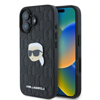 Apple iPhone 16 6.1" Karl Lagerfeld Monogram Karl Head Pin Case Cover, Black