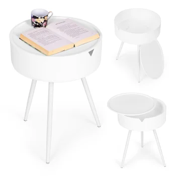 Round Side Table with Storage and Removable Tray Top ModernHome