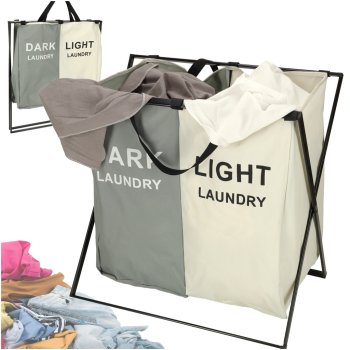 2 Compartment Laundry Sorter Basket for Clothes Organisation, White-Grey