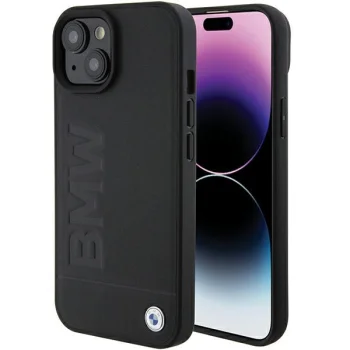 BMW iPhone 15 Plus Case Leather Hot Stamp MagSafe, Black
