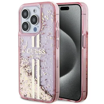 Guess iPhone 15 Pro Case Liquid Glitter Gold Stripes, Pink