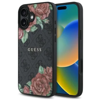 Guess dėklas iPhone 16 6.1" 4G Flowers Print MagSafe GUHMP16SP4ROPEMCK, juodas