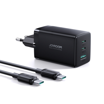 Joyroom GaN Wall Charger 65W USB-A & 2x USB-C + Charging Data Cable 100W, Black