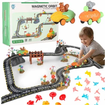 Ikonka KX2863_1 Magnetic Car Track with 2 Light-up Cars, 310 Pieces