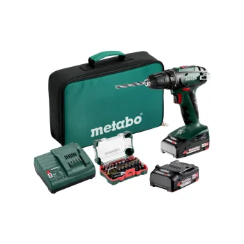 Metabo BS 18 Set Cordless Drill Driver, 18V, 2x 2.0 Ah with Tool Bag and Bits