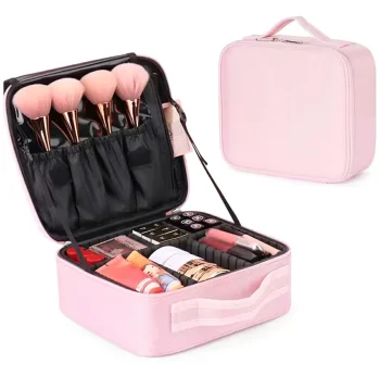 Travel cosmetic case with adjustable compartments, pink