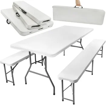 Gardlov Folding Garden Table 180cm + 2 Benches, Light Grey