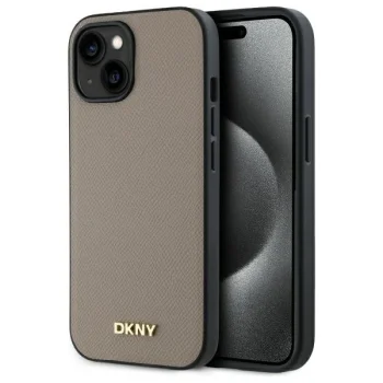 DKNY Grained Metal Logo MagSafe Case for iPhone 15 - Beige