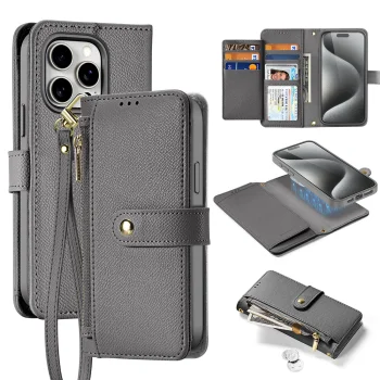 Dux Ducis Lawa Genuine Leather Wallet Case for iPhone 15 Pro Max, Gray