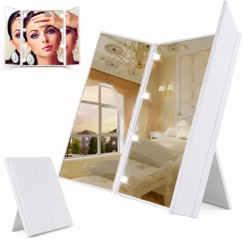 Folding Cosmetic Mirror with LED Light and Stand, White