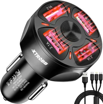 Xtrobb 19907 Car Charger 4x USB with 3-in-1 Cable, Black