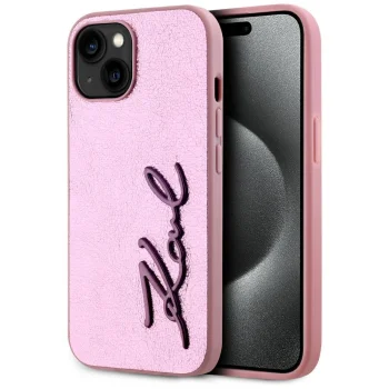 Karl Lagerfeld Wrinkled Metal Signature iPhone 15 dėklas, rožinis