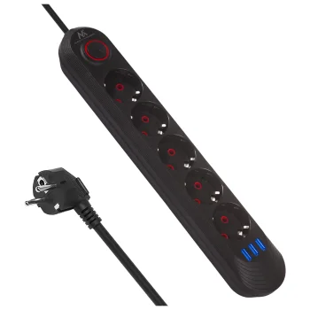 Maclean MCE395 B Power Strip, 5 Outlets + 3xUSB, 1.5m, Black