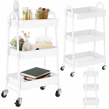 Metal Rolling Storage Cart, 3 Tiers, White