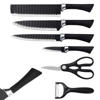 6-Piece Kitchen Knife Set with Scissors and Peeler, Stainless Steel, Black