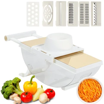 Multifunctional Manual Vegetable Slicer and Grater with Container, White/Gold