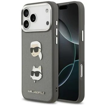 Karl Lagerfeld Grained Karl & Choupette Heads Pins Case for iPhone 17 Pro Max, Grey