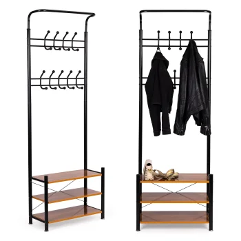 ModernHome Freestanding Coat Rack with 3 Shoe Shelves, 18 Hooks, Black