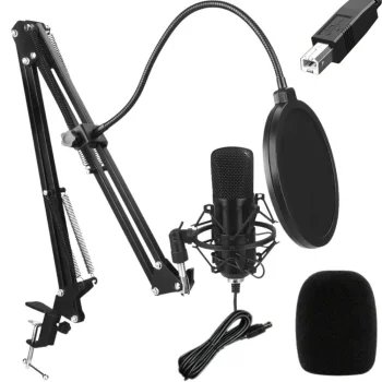 USB Condenser Studio Microphone Set with Boom Arm and Pop Filter, Black