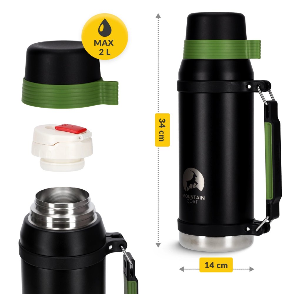 MOUNTAIN GOAT 2L Insulated Hiking Thermos for Hot & Cold Drinks, Black-Green (1)