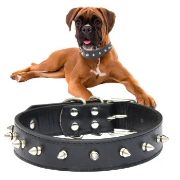 Adjustable Dog Collar with Studs, Faux Leather, Size L