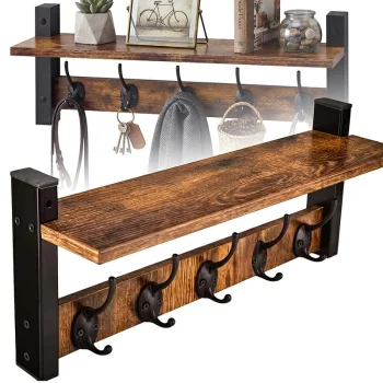 Wall Shelf with Coat Rack, 5 Double Hooks, 41.5 cm