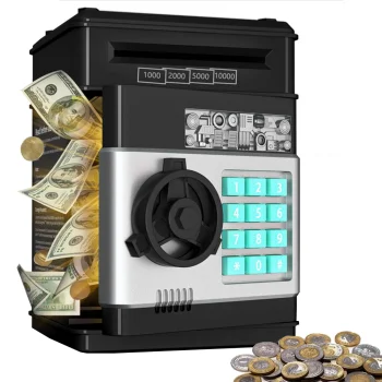 Piggy Bank Toy Box for Money with Fingerprint and Password, Black