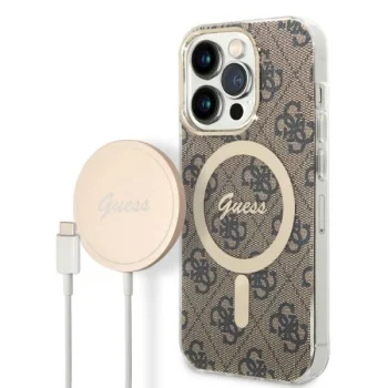 Apple iPhone 14 Pro Max 6.7" Guess 4G Print MagSafe Case Cover (GUBPP14XH4EACSW) + Charger, Brown