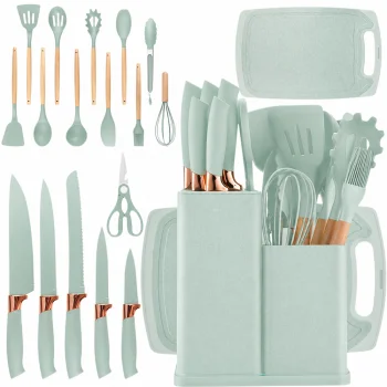 Kitchen Knife and Utensil Set with Cutting Board and Block, 19 Pieces, Green