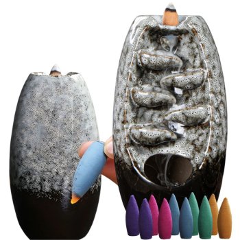 Ceramic Waterfall Incense Burner with 10 Cones, grey