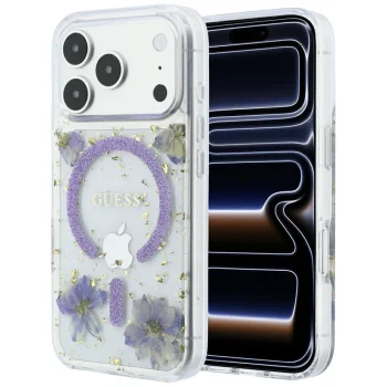 Guess Resin Flowers Glitter MagSafe Case for iPhone 18 Pro / 17 Pro, Purple