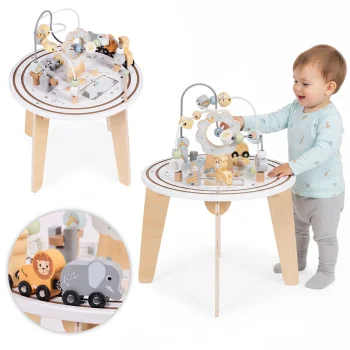 ECOTOYS 5-in-1 Wooden Activity Table for Toddlers with Bead Maze and Mirror