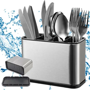 Cutlery Drainer 4 Compartments with Drip Tray, Silver/Black