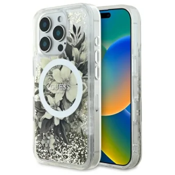 Guess iPhone 16 Pro Case Liquid Glitter Flower MagSafe, Beige