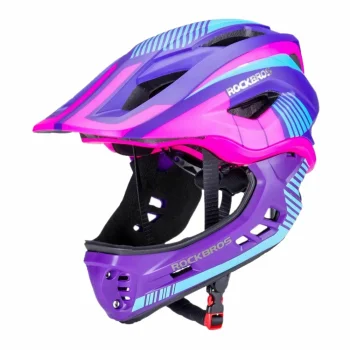Rockbros TT-32SBPP-M Children's Bicycle Helmet with Removable Chinbar, Size M, Purple-Pink