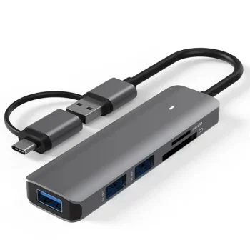 USB 3.0 ir USB-C šakotuvas su SD ir TF kortelių skaitytuvu, 3x USB 3.0, pilkas