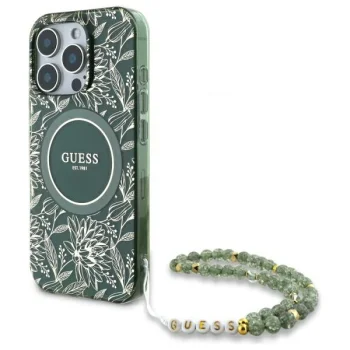 Guess iPhone 16 Pro Max Case IML Flowers Allover Electro with Pearl Strap, Green