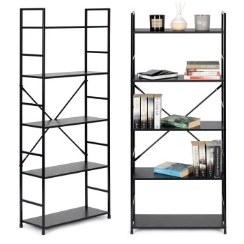 ModernHome Industrial 5-Tier Shelving Unit with Wooden Shelves, Black