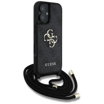 Guess 4G Big Logo Cord Strap Crossbody dėklas iPhone 16 6.1", juodas